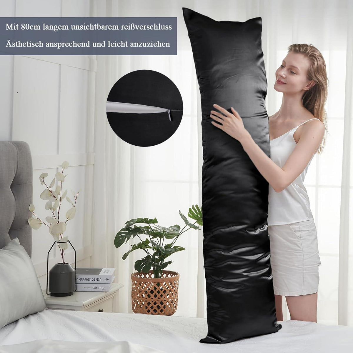 Vielit Satin Seitenschläferkissenbezug 40x145cm Schwarz 2 Haargummis Öko-Zertifikat