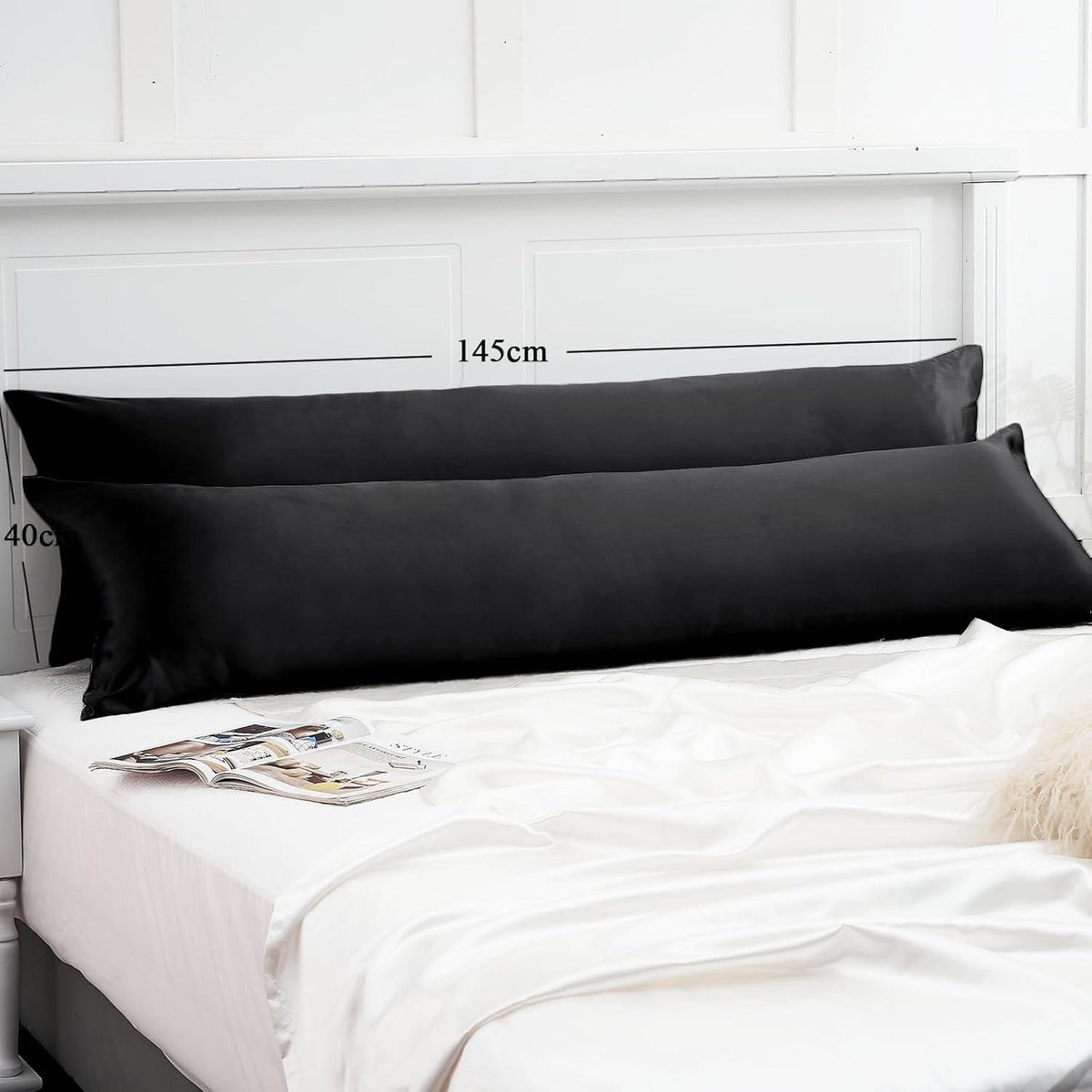 Seitenschläferkissenbezug 40x145 Schwarz Satin mit Haargummis 2er Set