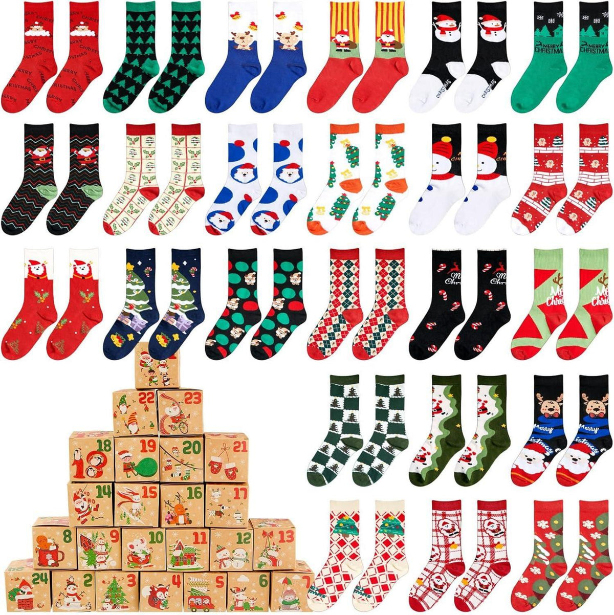 Weihnachtssocken Adventskalender mit 24 Countdown Geschenkboxen
