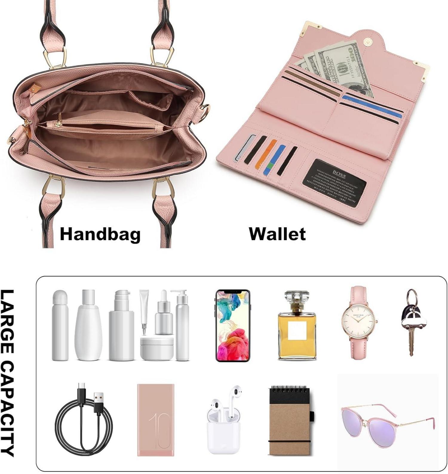 Rosa Handtasche Set Damen Shopper Geldbörse PU-Leder Vintage
