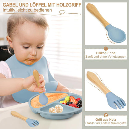 Silikon Baby Geschirr Set 7-teilig mit Saugnapf & Lätzchen