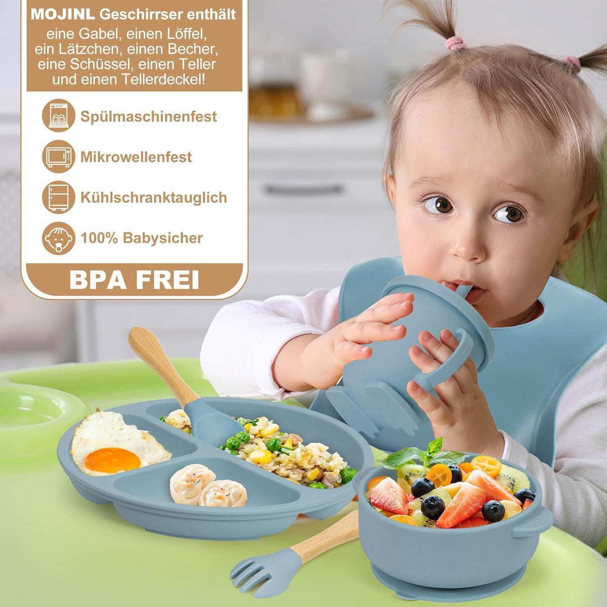 Silikon Baby Geschirr Set 7-teilig mit Saugnapf & Lätzchen