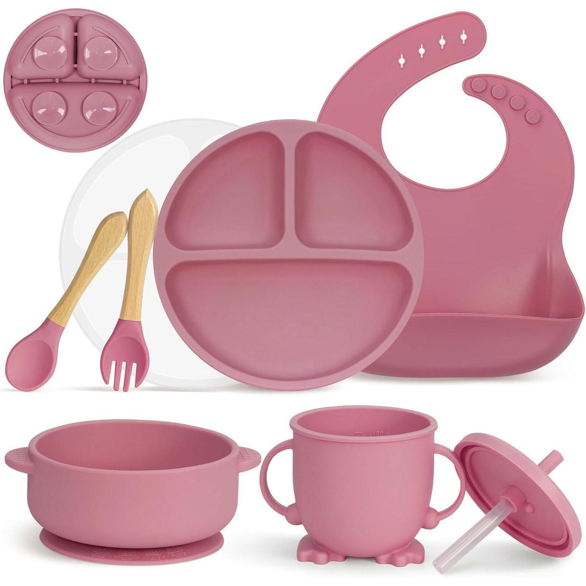 Silikon Baby Geschirr Set 7-teilig mit Saugnapf & Lätzchen Rosa