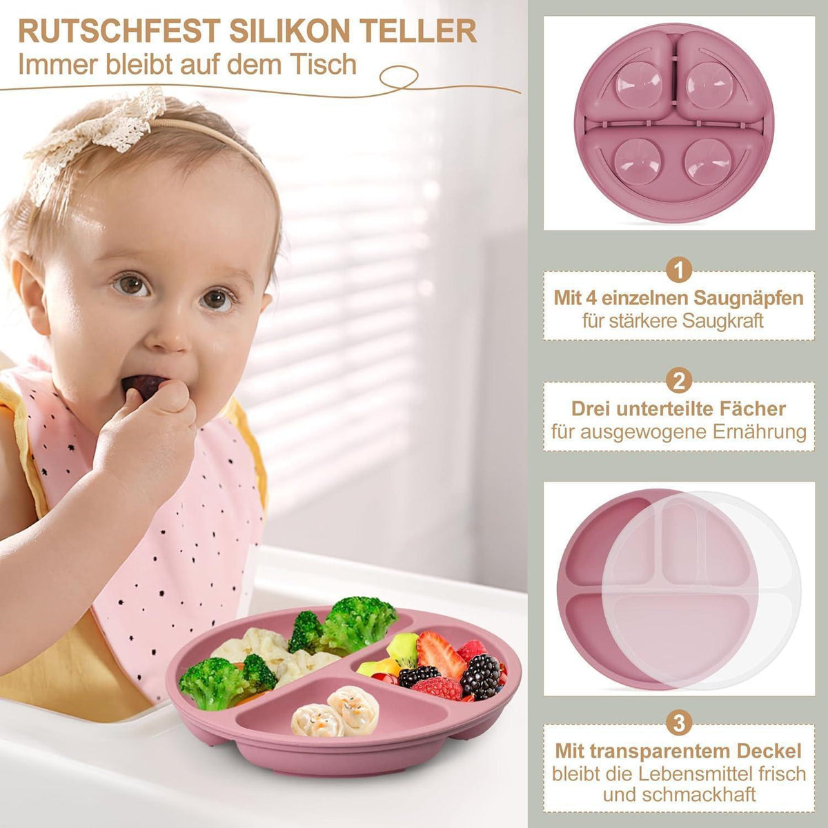 Silikon Baby Geschirr Set 7-teilig mit Saugnapf & Lätzchen Rosa