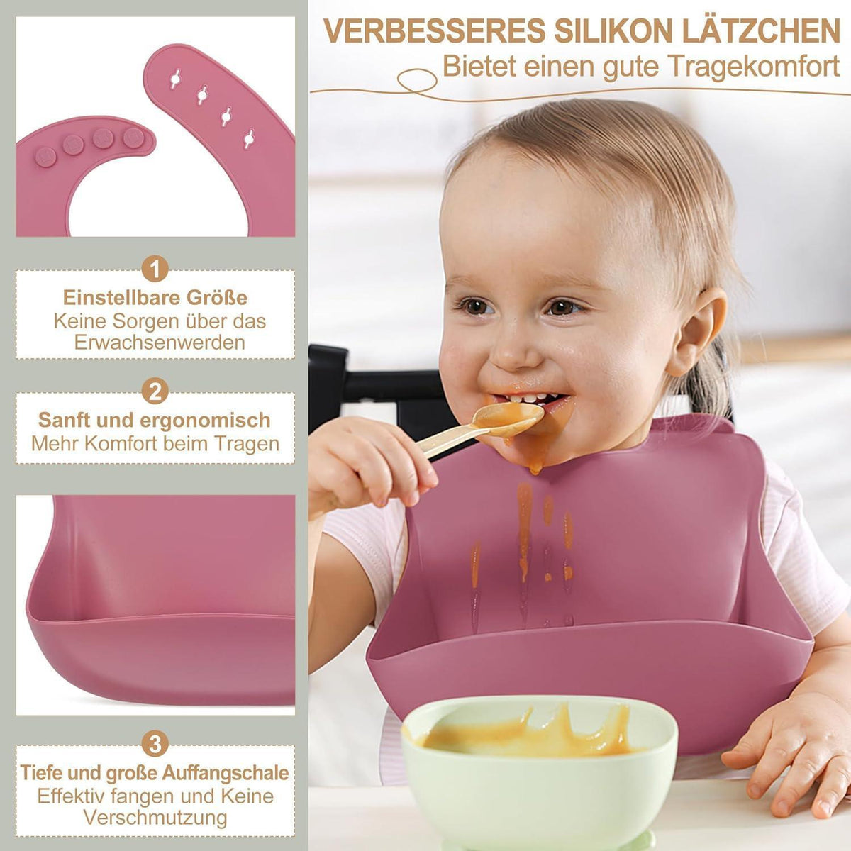 Silikon Baby Geschirr Set 7-teilig mit Saugnapf & Lätzchen Rosa
