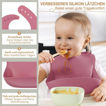 Silikon Baby Geschirr Set 7-teilig mit Saugnapf & Lätzchen Rosa