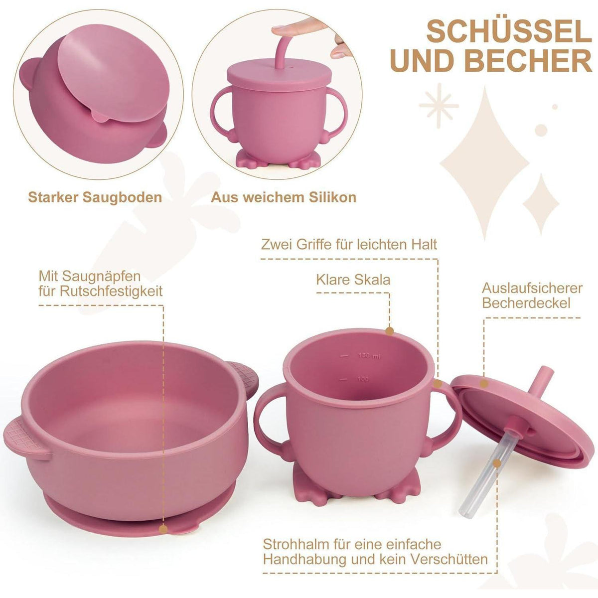 Silikon Baby Geschirr Set 7-teilig mit Saugnapf & Lätzchen Rosa