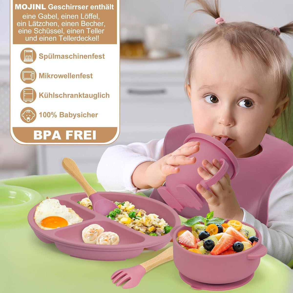 Silikon Baby Geschirr Set 7-teilig mit Saugnapf & Lätzchen Rosa