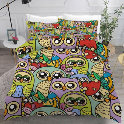 Kawaii Eulen Bettwäsche Set 135x200 cm - 4-teilig Mikrofaser