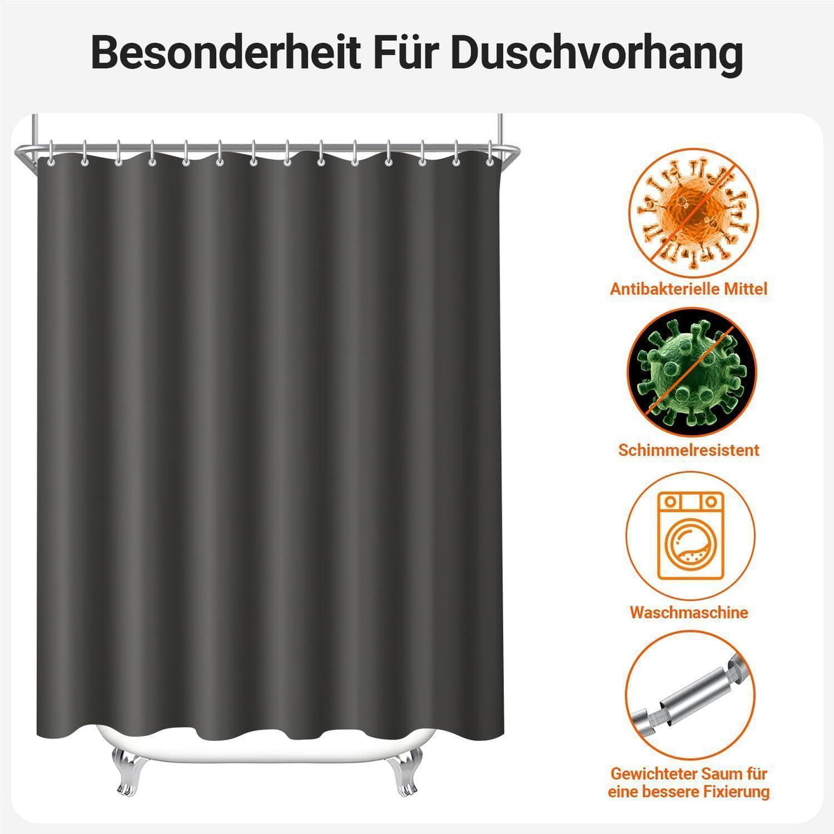 Duschvorhang Dunkelgrau 260x200cm Textil Wasserabweisend Waschbar