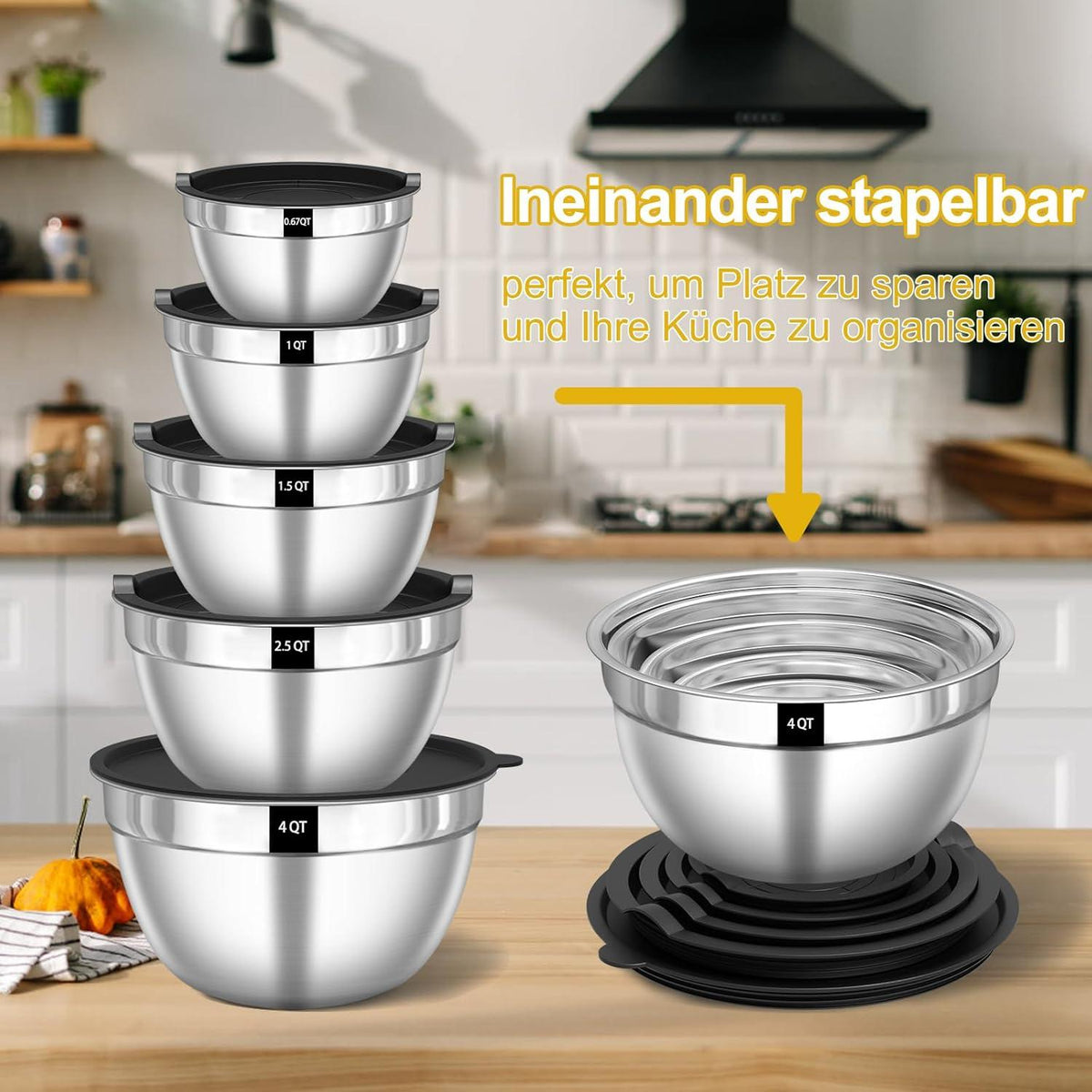 Edelstahl Rührschüssel Set 5-teilig Salatschüssel Stapelbar 4.5L 2.7L 1.6L 1.1L