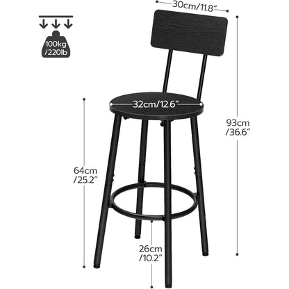 Barhocker Set 2er-Pack mit Rückenlehne & Fußstütze Schwarz