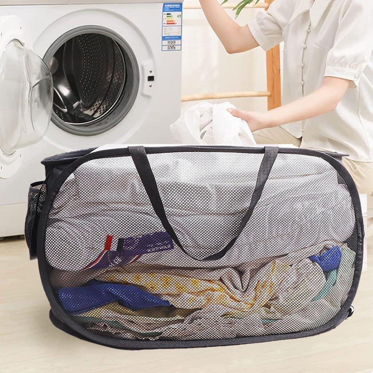 Faltbarer Wäschekorb 2er-Set – Pop-Up, Seitentasche, 57x36x36 cm