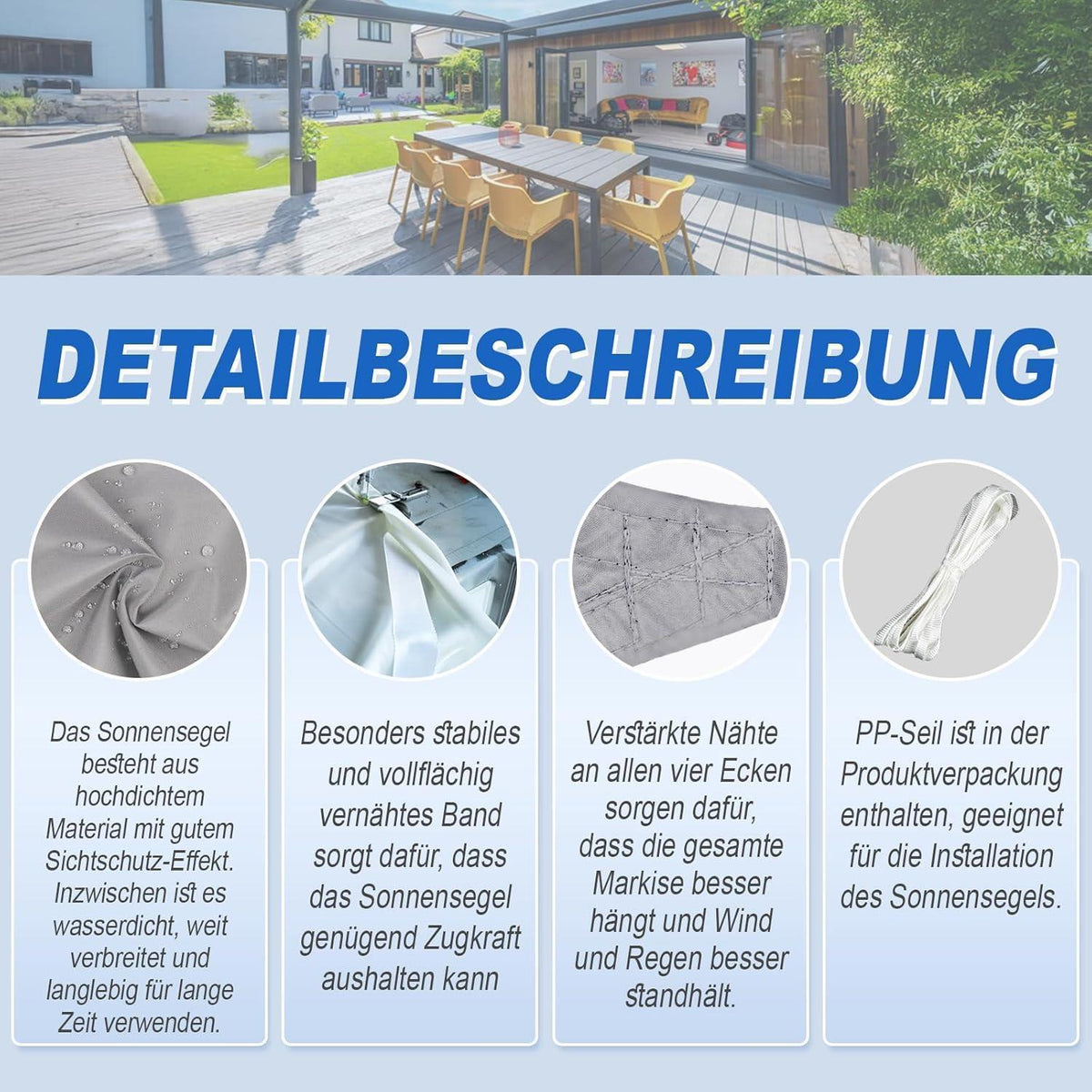 Wasserdichtes Sonnensegel 5x5m Grau mit UV-Schutz für Garten