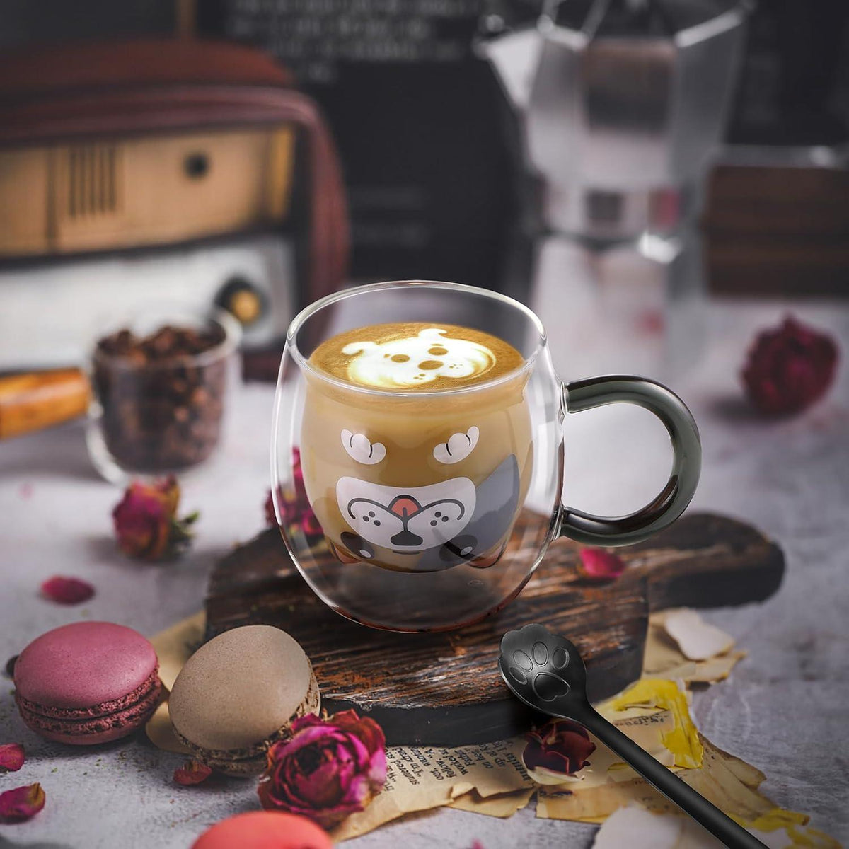 Doppelwandige Hundetasse 280ml mit Löffel - Kaffeeglas für Geburtstag Valentinstag