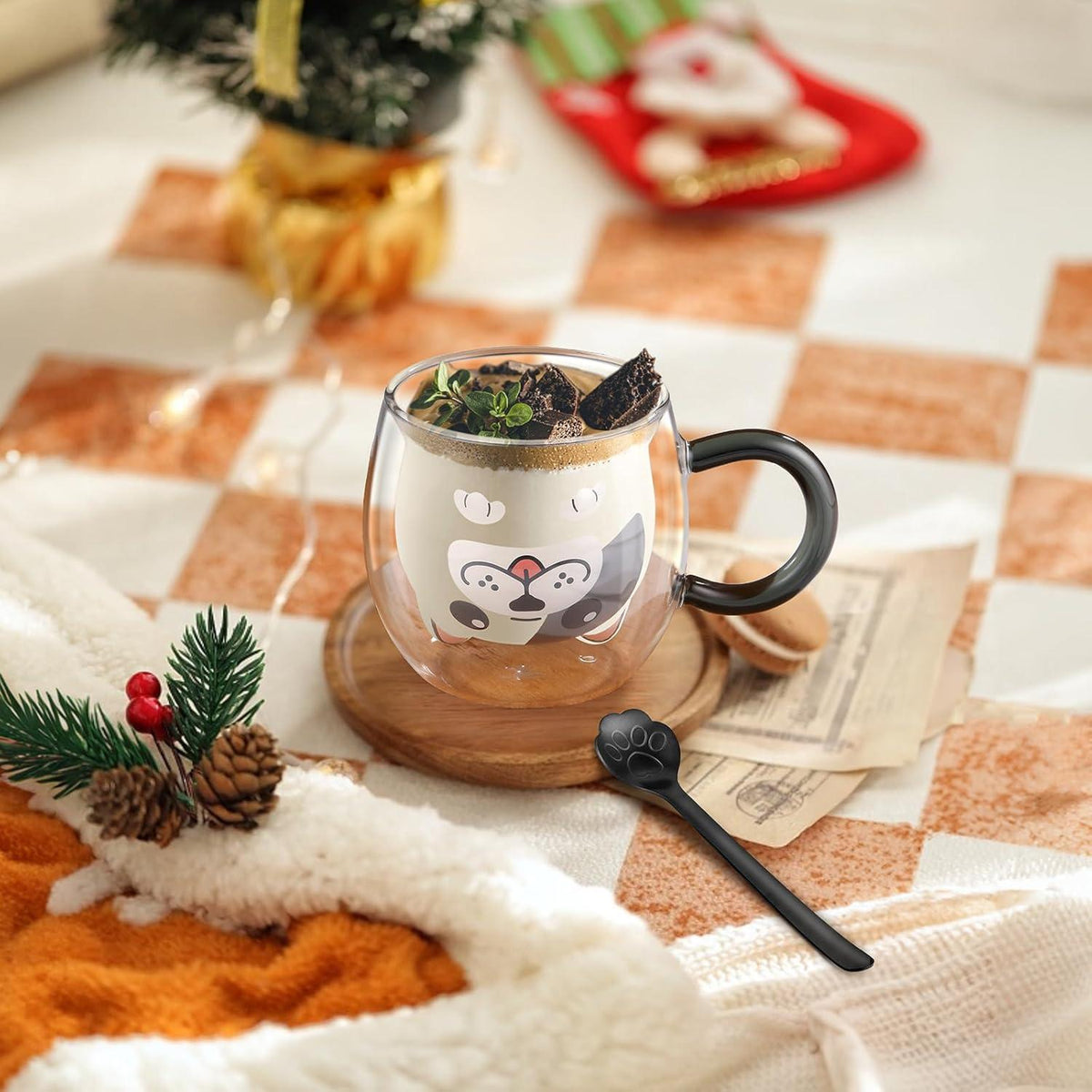 Doppelwandige Hund Tasse 280ml Kaffeetasse mit Löffel - Süße Teegläser