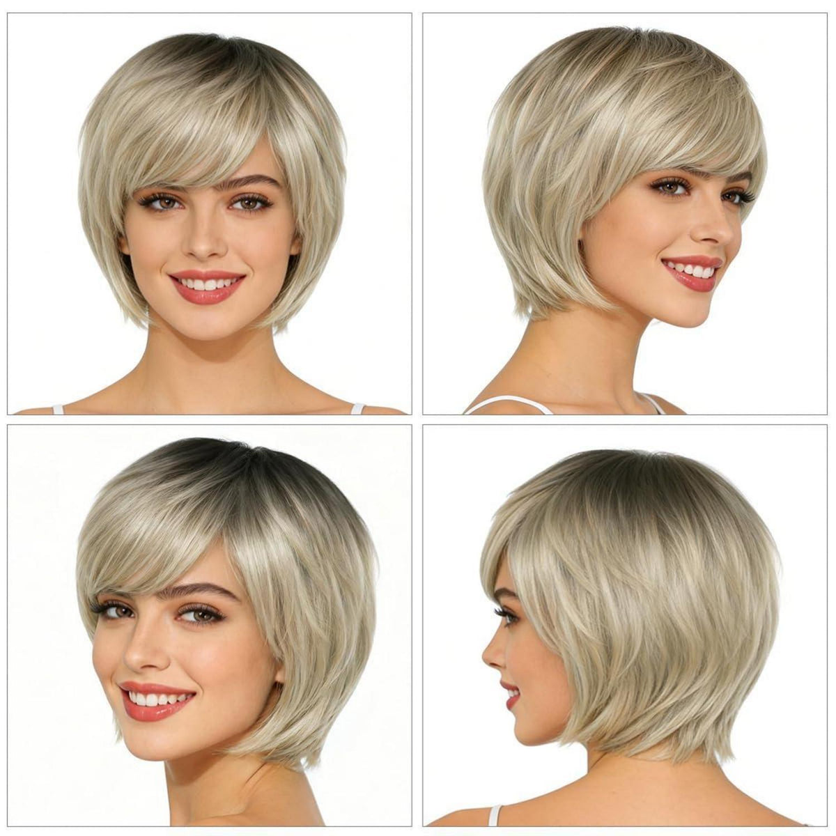 Pixie Cut Perücke Damen Ombre Beige mit Pony & Haarnetz