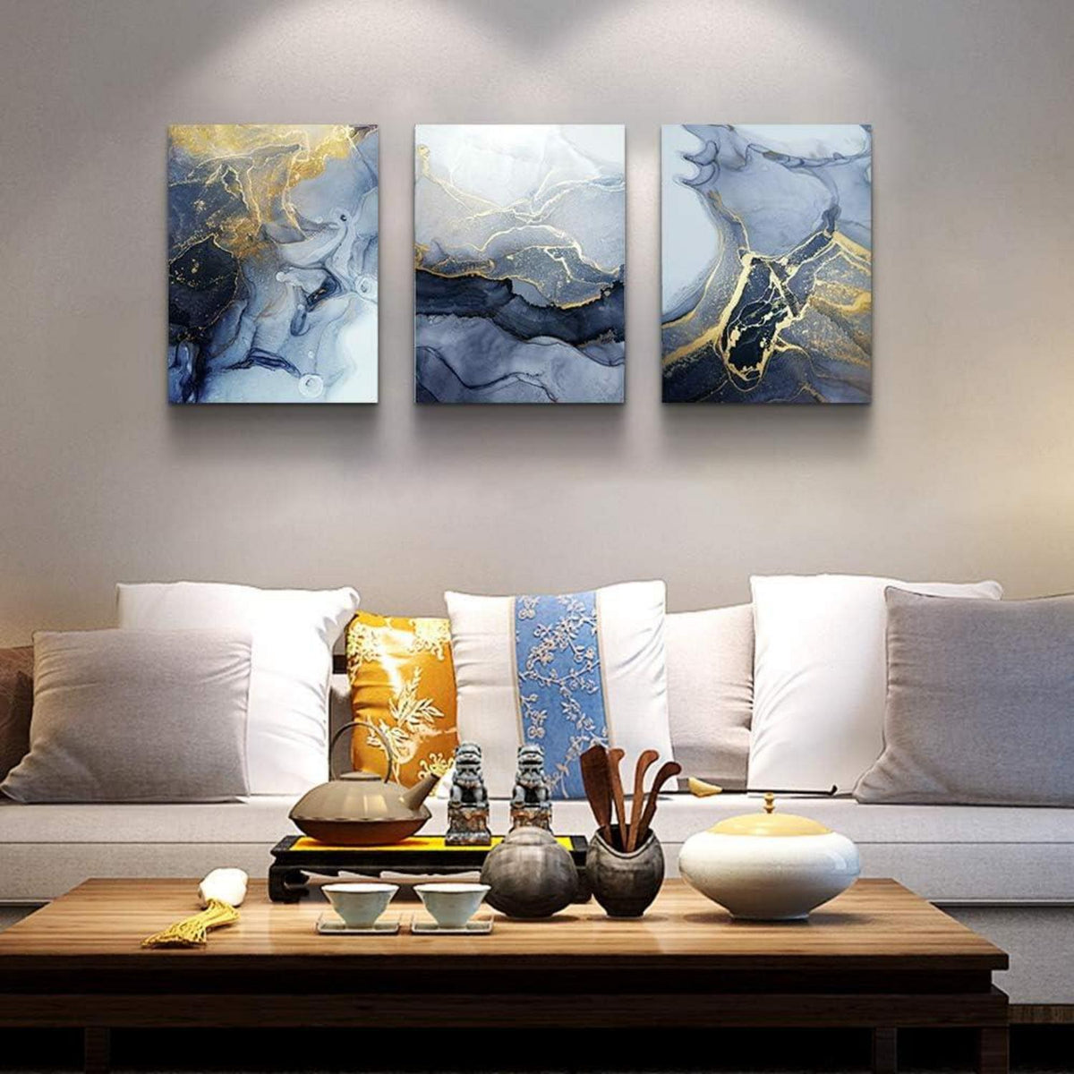 Blau Gold Marmorstruktur Wandbild 40 x 30 cm für Wohnzimmer