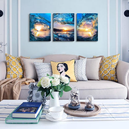 Blaue Herzförmige Wellen Leinwandbilder 30x40cm 3er Set