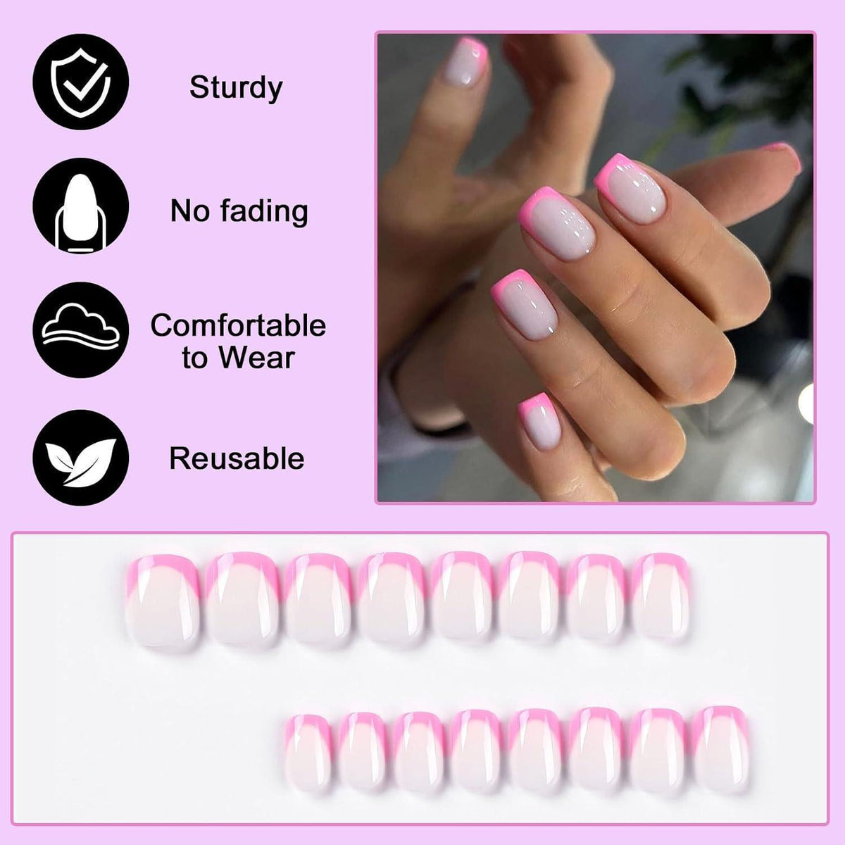 Kurze Eckige Acryl Nägel Weiß Rosa French Press On Nails