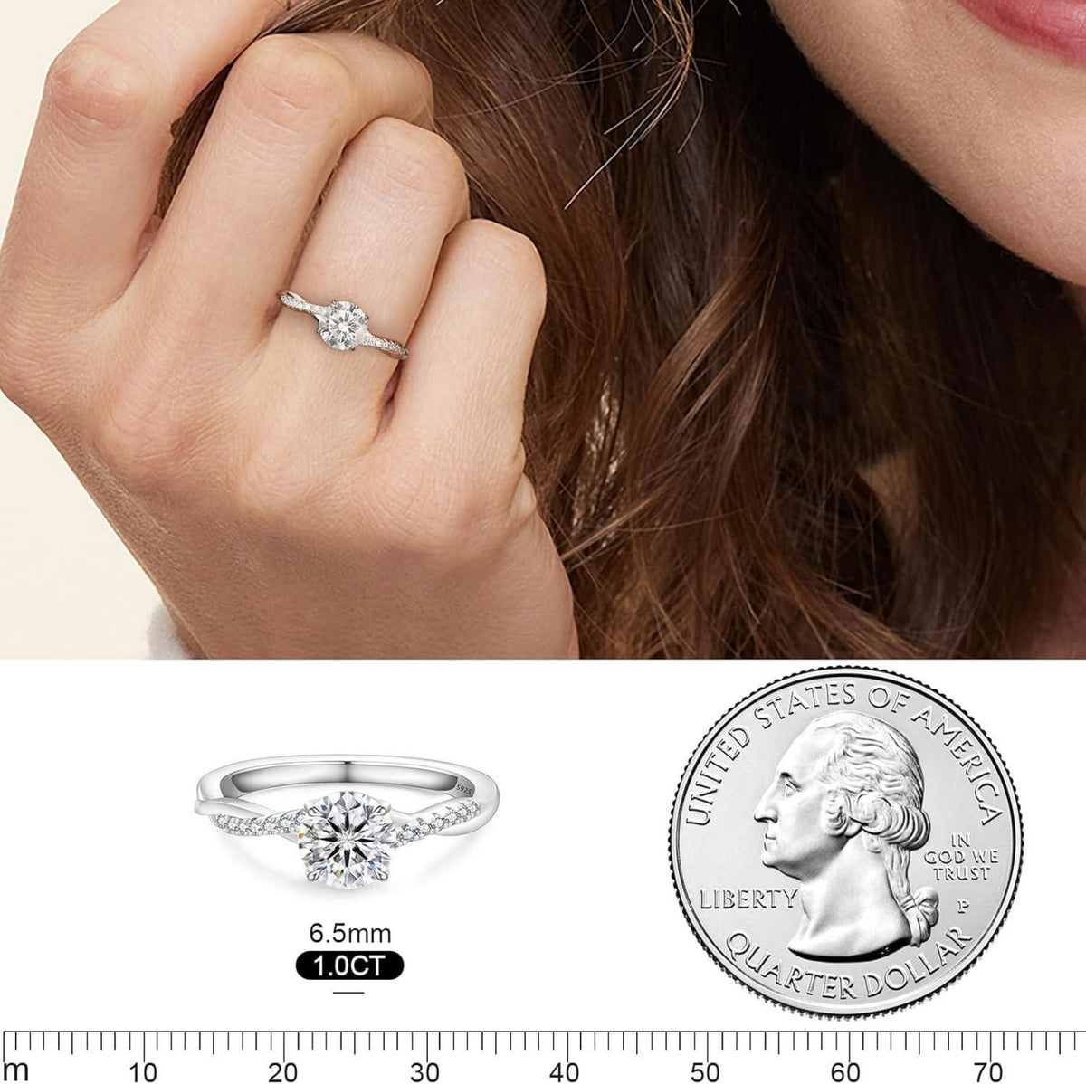 Solitärring Damen Moissanite 1-2 Karat VVS1 D 925 Silber Twist Band