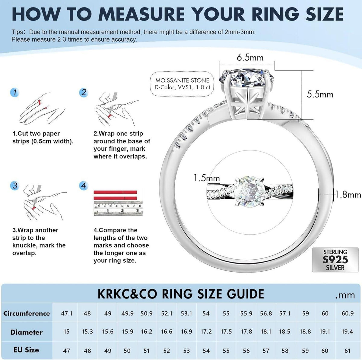 1-2 Karat Damen Moissanite Solitär Verlobungsring Silber