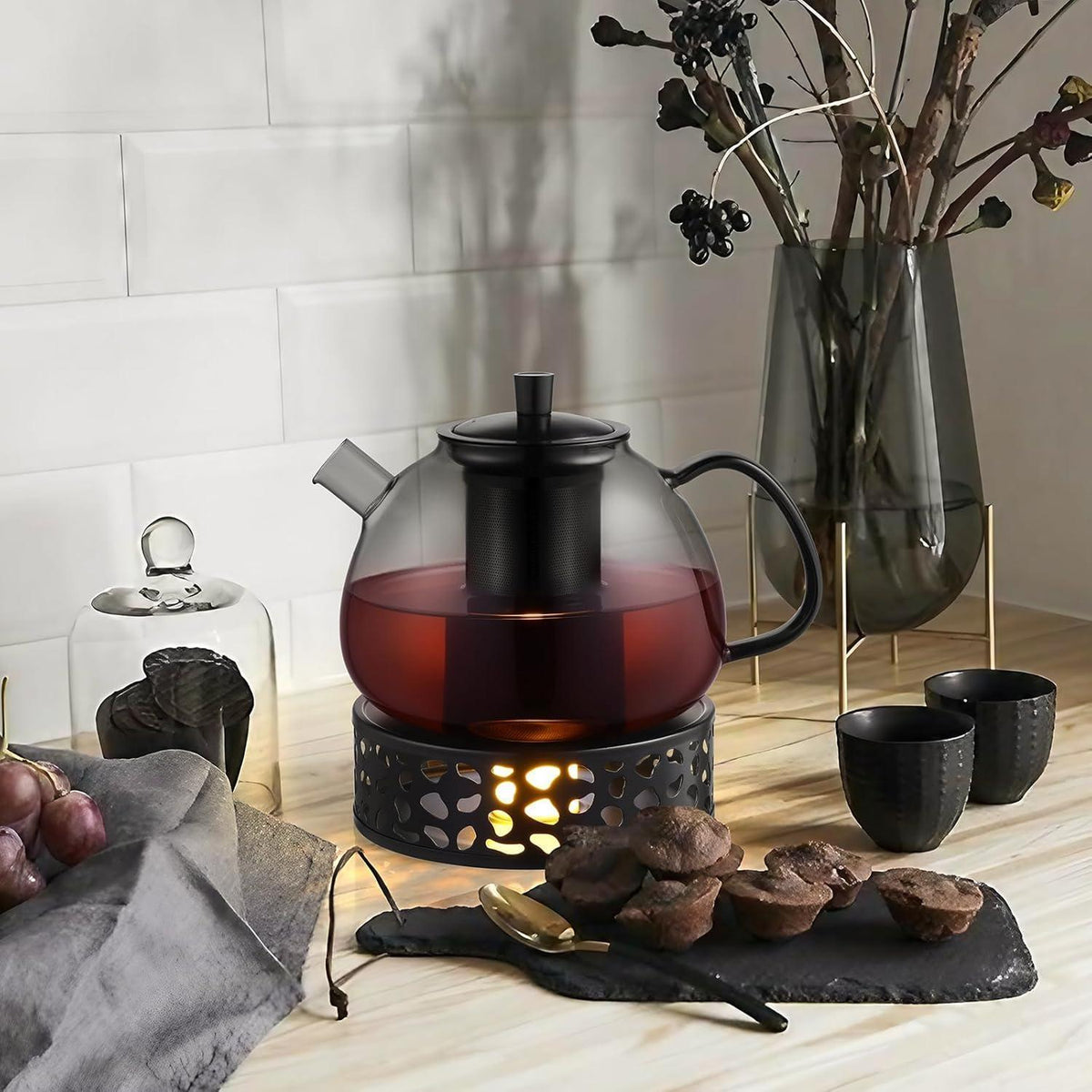 Teekanne 1500ml Glas mit Stövchen & Edelstahl-Sieb, Schwarz