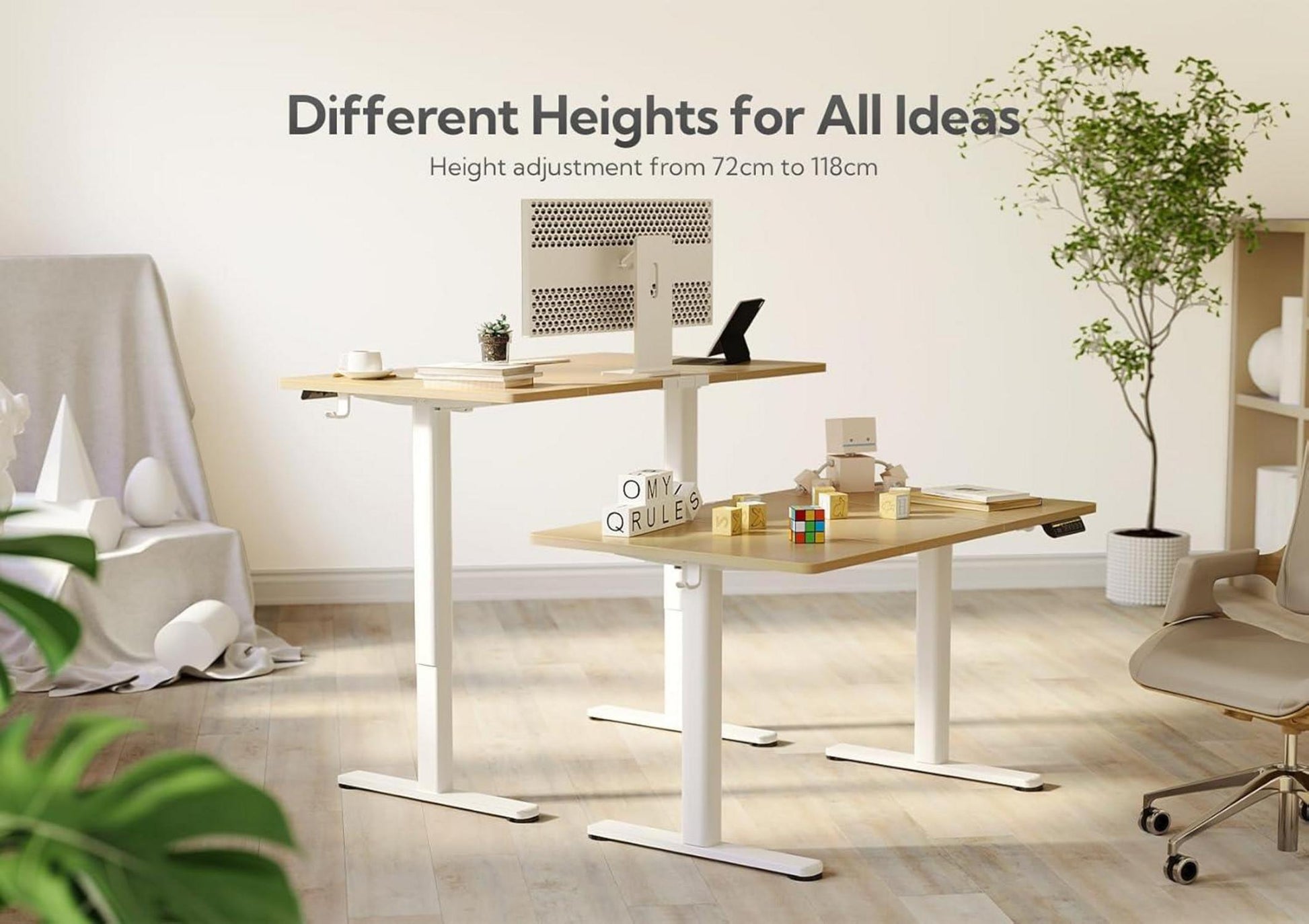 Höhenverstellbarer Schreibtisch 100x60 cm Elektrisch Weiß/Beige