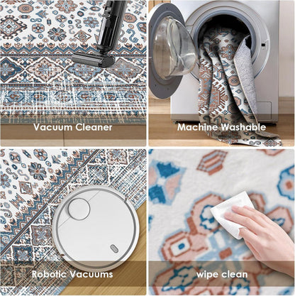 OMERAI Teppich Waschbarer Kurzflor Dunkelblau Orientalisch 80x150CM