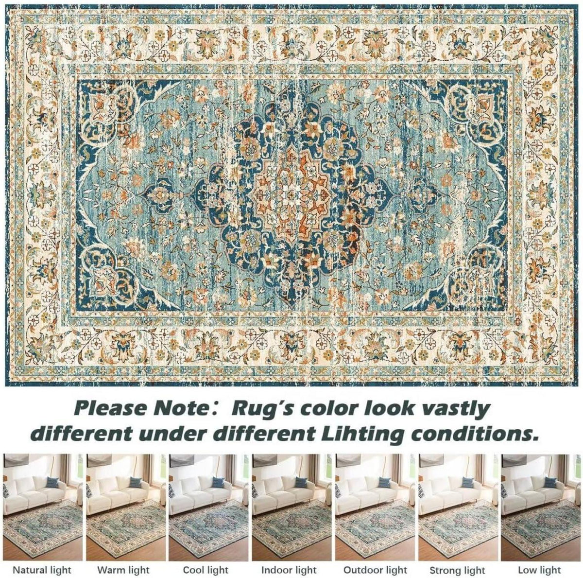 Waschbarer Vintage Teppich Groß Orientalisch Rutschfest Blau 200x290CM