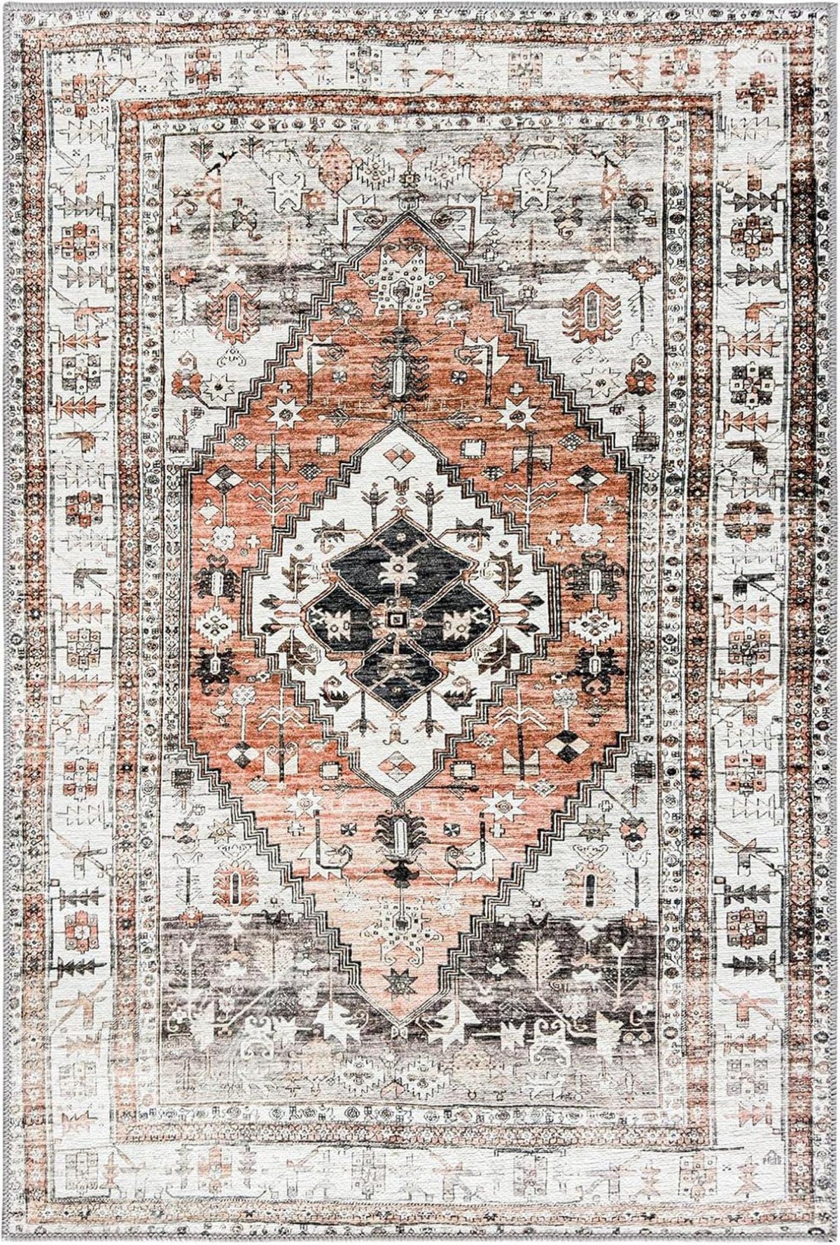 OMERAI Boho Teppich Orange 80x150cm Vintage Kurzflor waschbar
