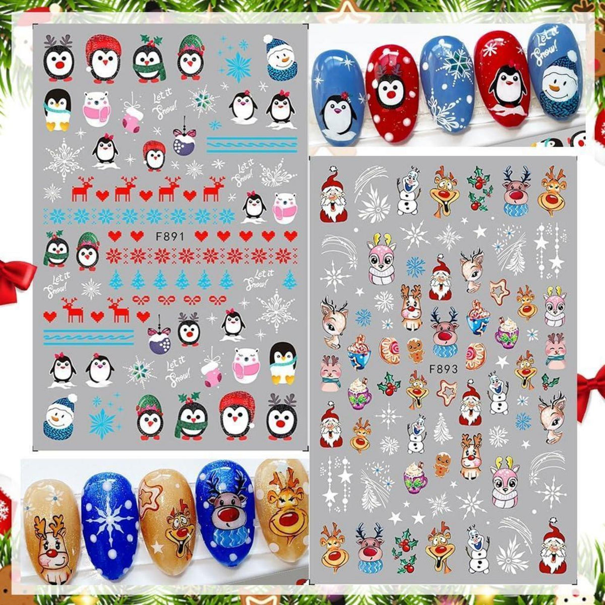 10 Blatt Weihnachts-Nagelsticker Set Schneeflocken & Weihnachtsmann
