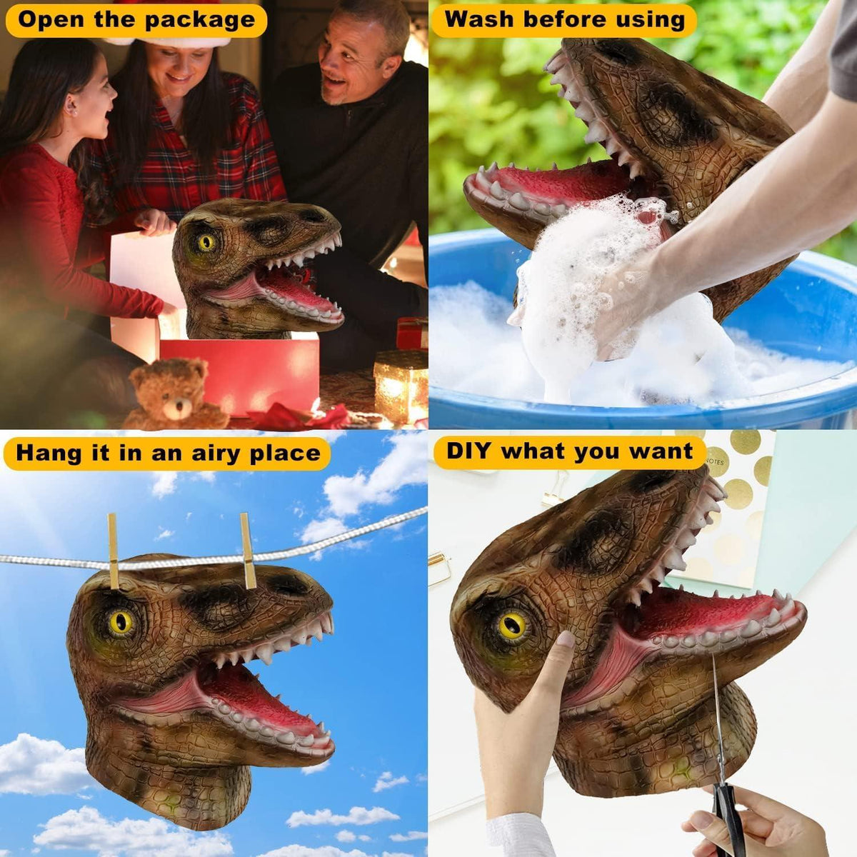Gelbe Tyrannosaurus Dinosaurier Maske Rex Latex Tiermaske für