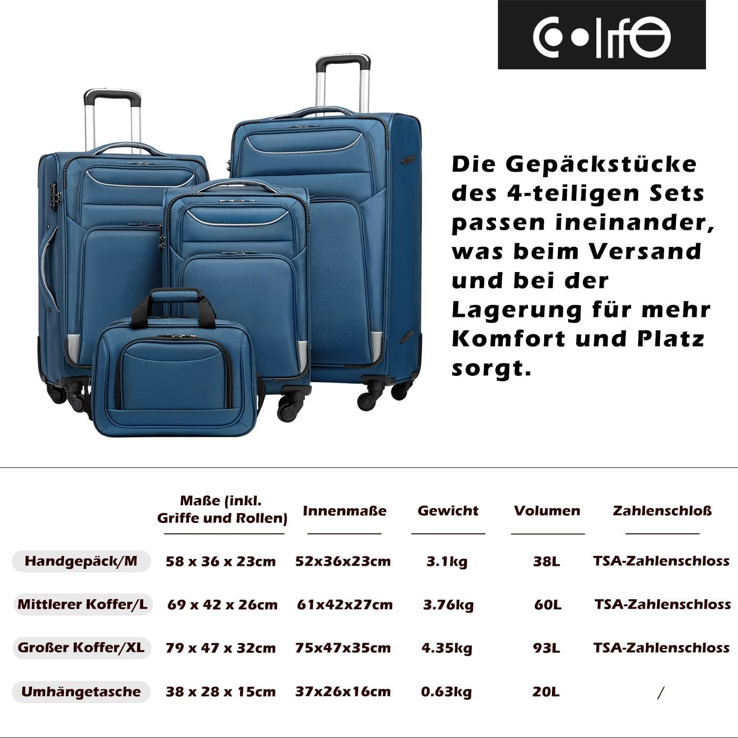 COOLIFE Koffer Set 4tlg Schwarz TSA-Schloss Handgepäck