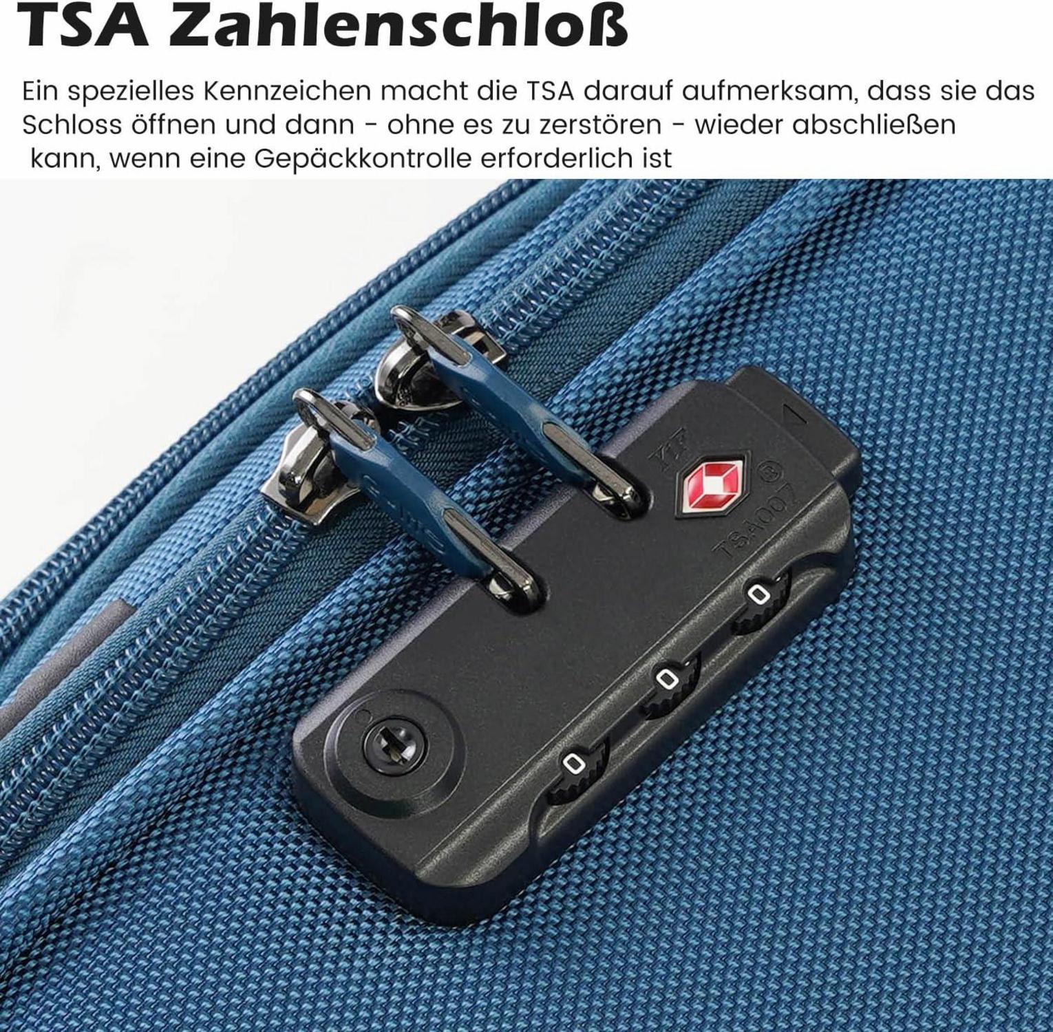 COOLIFE Koffer Set 2tlg Blau Stoffkoffer Handgepäck 4 Rollen TSA-Schloss Umhängetasche