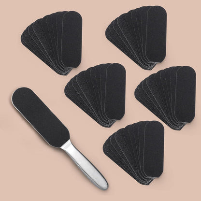 Hornhautfeile Set mit Edelstahlgriff – 50 Pads (25 grob + 25 fein)