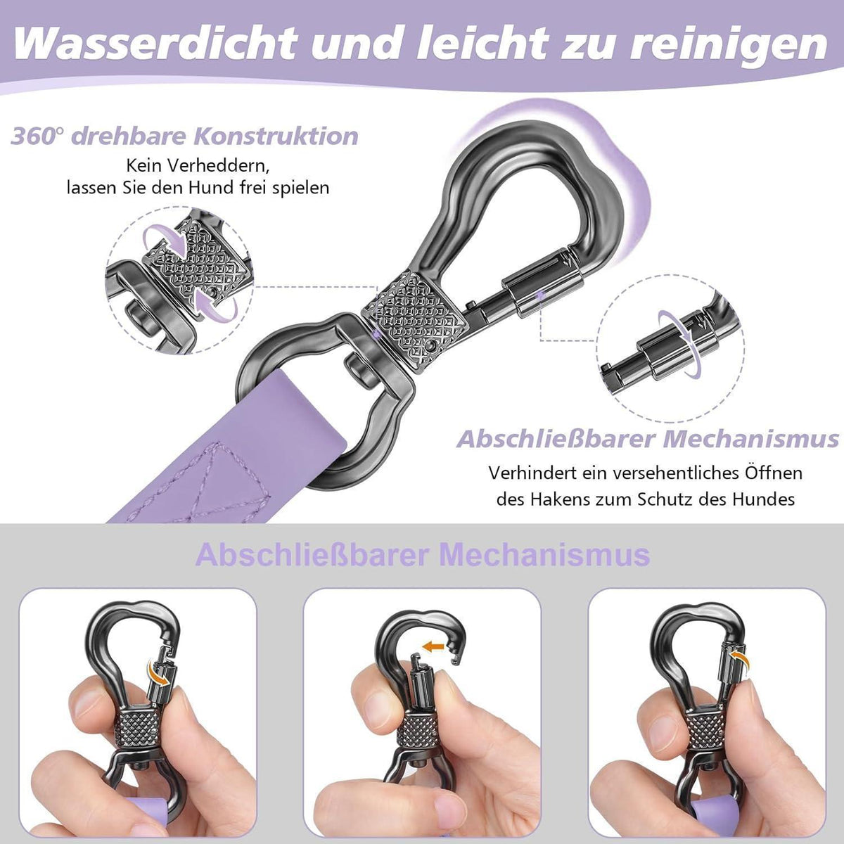 Wasserfeste Schleppleine für Hunde, 10m, Helllila, Abschließbarer Karabiner