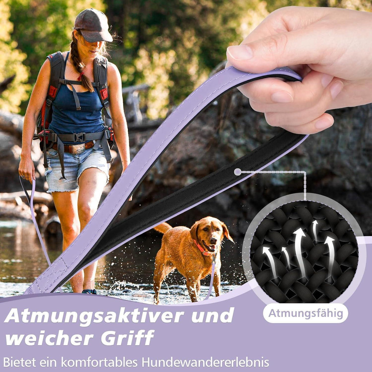 Wasserfeste Schleppleine für Hunde, 10m, Helllila, Abschließbarer Karabiner