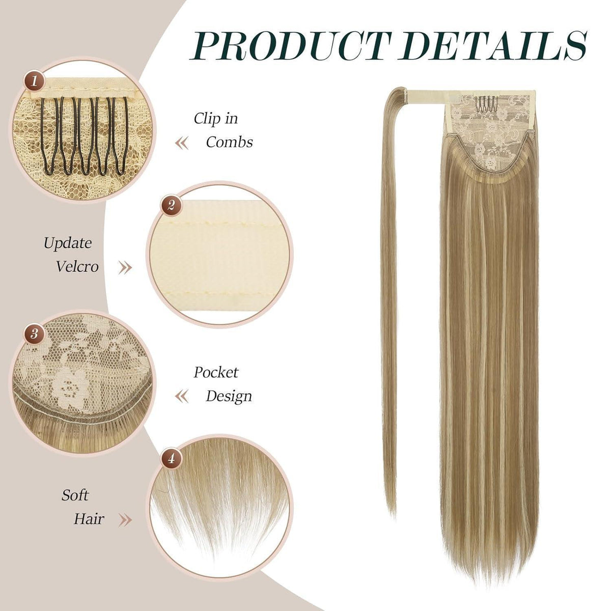 Langer glatter Pferdeschwanz Haarteil – Hellbraun & Blond 70cm
