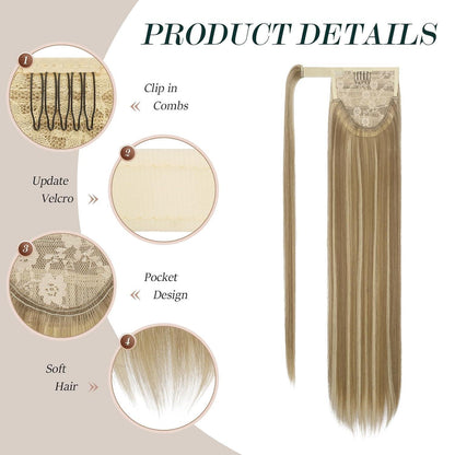 Langer glatter Pferdeschwanz Haarteil – Hellbraun & Blond 70cm