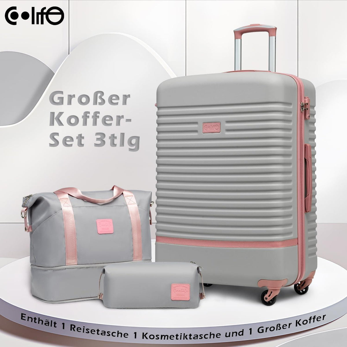 COOLIFE ABS Hartschalen Koffer Set 3tlg Grau/Rosa 4 Rollen