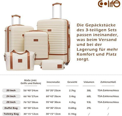 COOLIFE ABS Koffer Trolley 4 Rollen TSA-Schloss Reisekoffer 3tlg Set