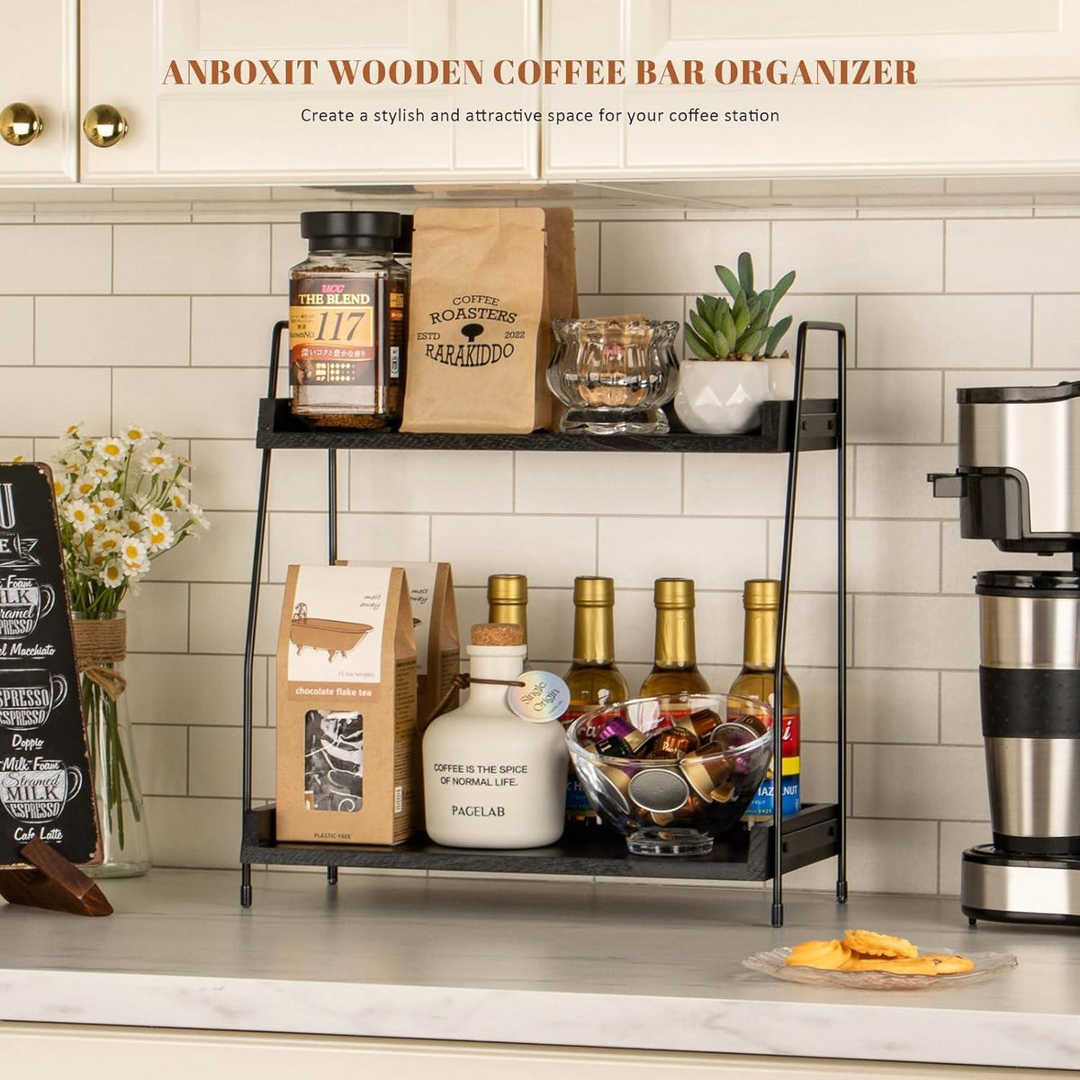 2-stöckiger Kaffee Organizer Holz für Arbeitsplatte, Schwarz