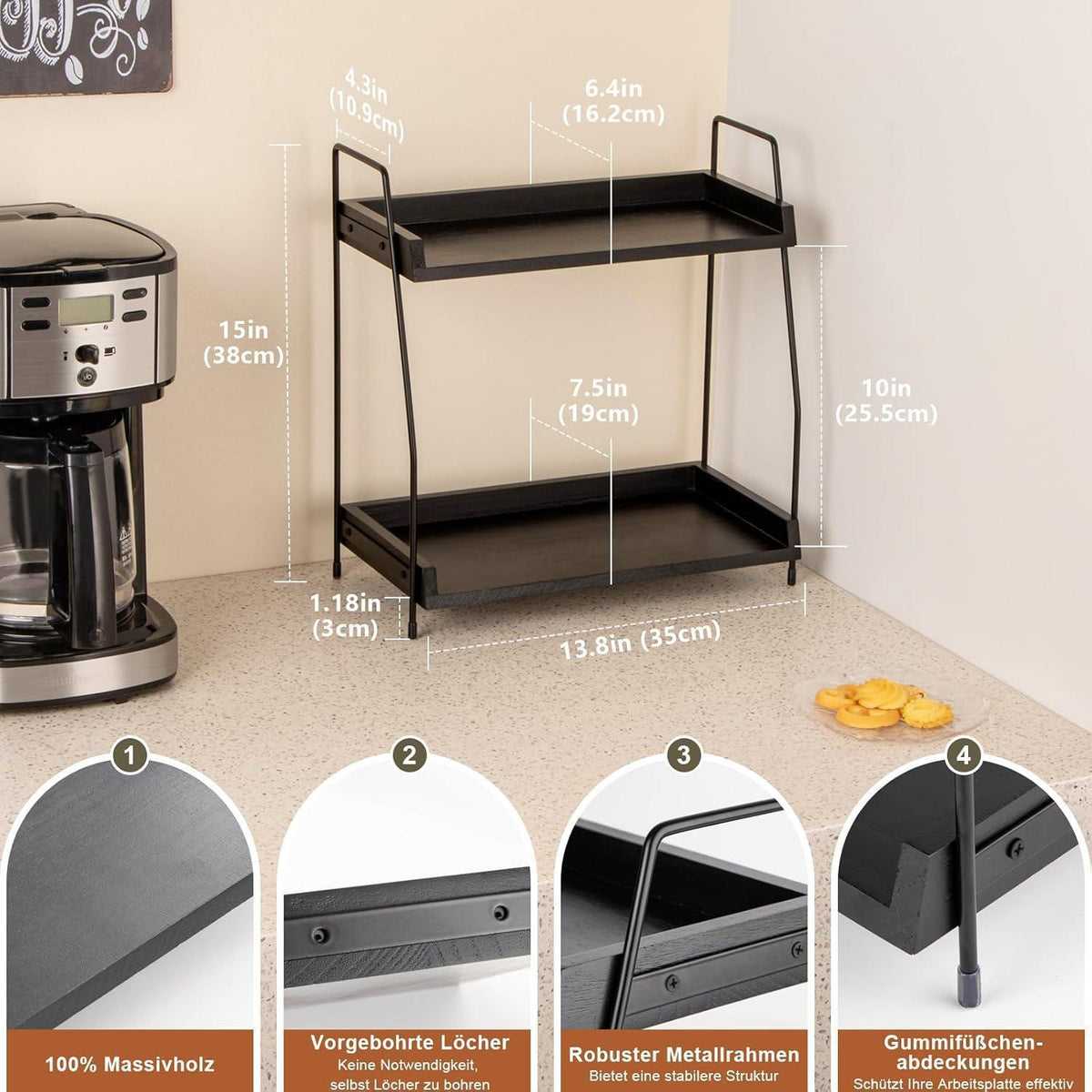 2-stöckiger Kaffee Organizer Holz für Arbeitsplatte, Schwarz