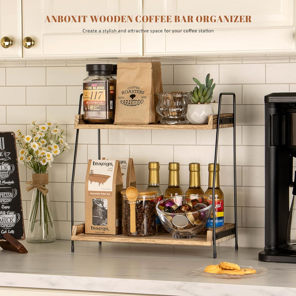 Kaffee Organizer Holz 2-stufige Kaffee Aufbewahrung Braun