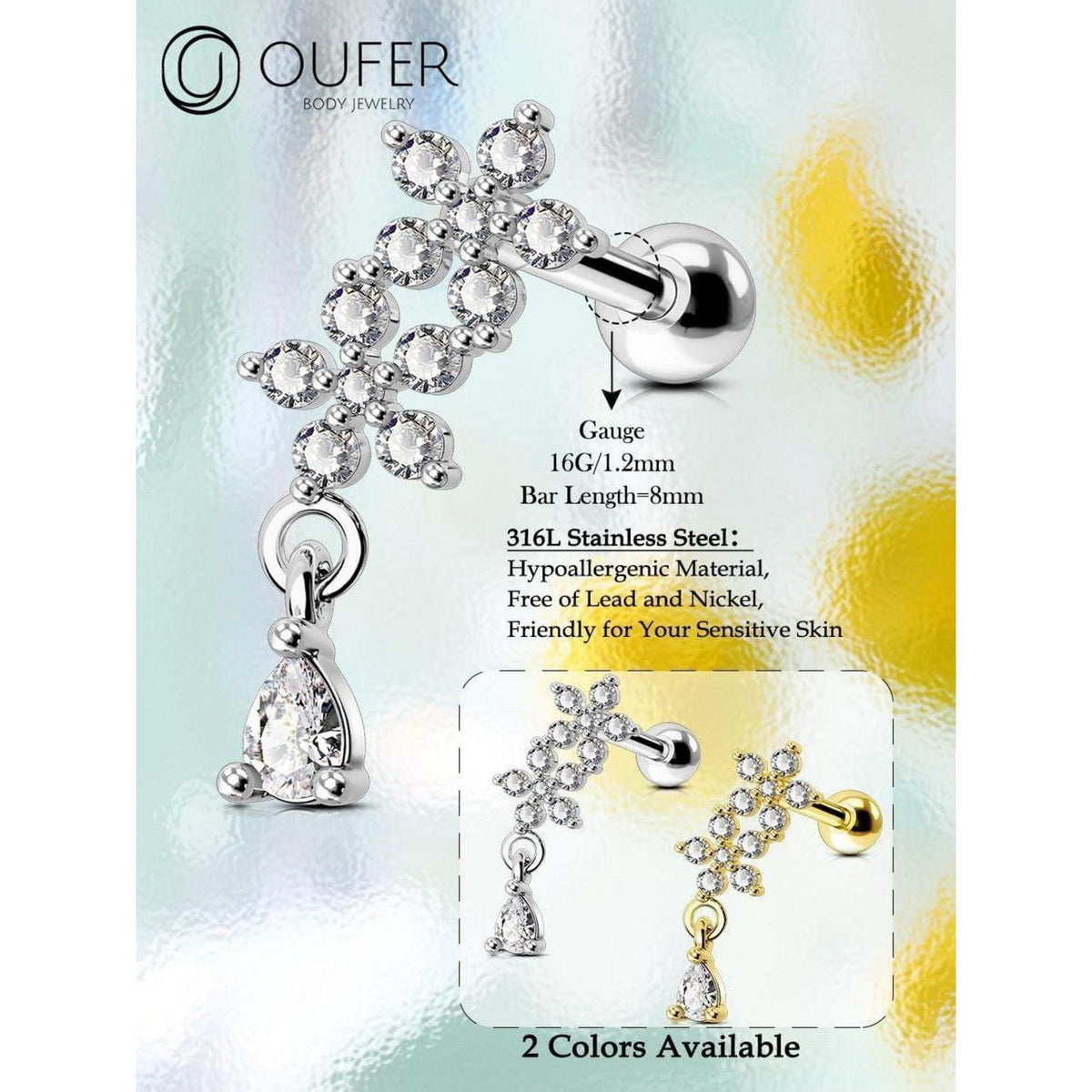 Helix Piercing Blume 16G Chirurgenstahl mit Zirkonia Gold Silber