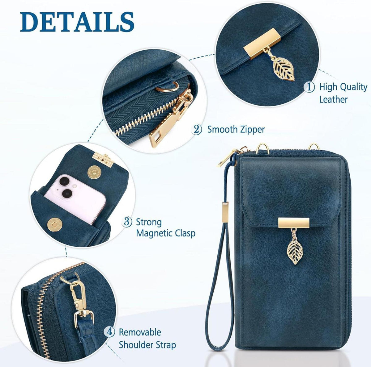 Handytasche Damen Crossbody Leder RFID Schutz 7,2 Zoll Blau