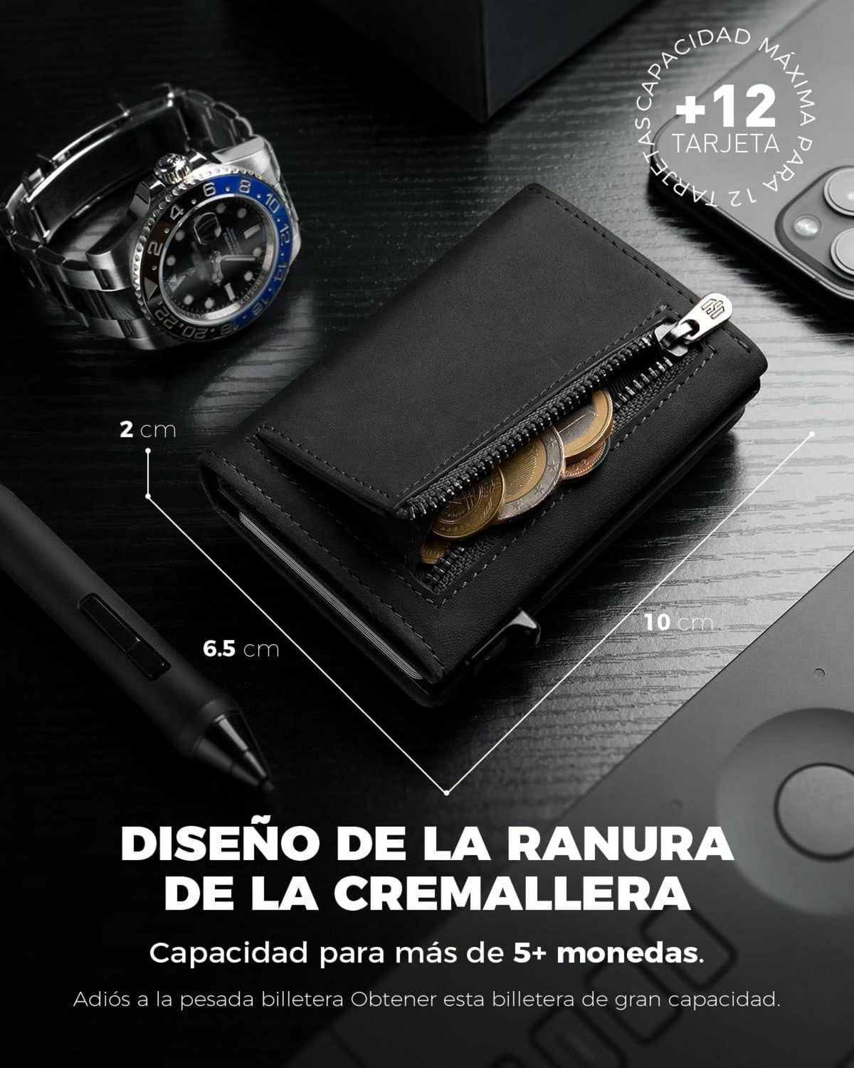 RFID Slim Wallet mit Münzfach für Herren - Schwarz