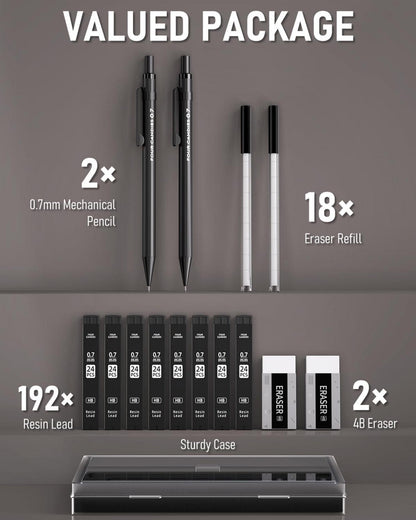 Druckbleistift Set 0,7 mm, 2 Stücke Metall Bleistifte, Etui, 8 Tuben HB Minen