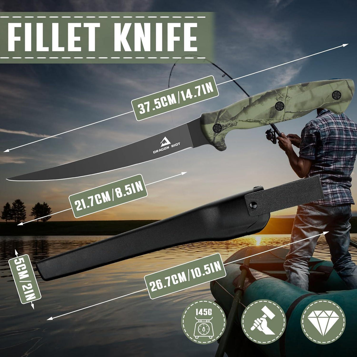 Filetiermesser Edelstahl mit Anti-Rutsch-Griff, Outdoor-Messer für Fisch